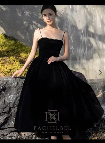 블랙 벨로아 펄 드레스 PACHELBEL 파티 드레스 파티 블랙