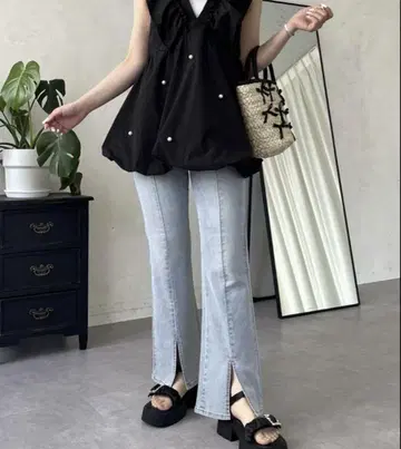 센터 슬릿 스트레치 플레어 데님 PL 사이즈