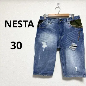 네스타 남성용 하프 팬츠 반바지 데님 청바지 데미지 30인치