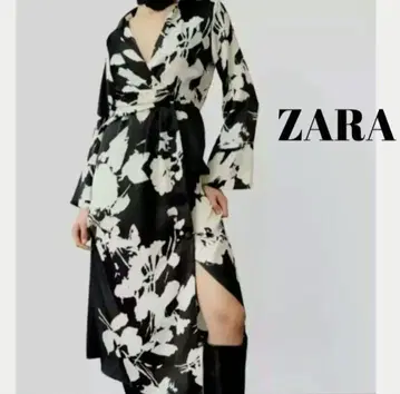 ZARA 원피스 꽃무늬 카라 부착 카슈쿨 맥시 길이 화이트 & 블랙 M
