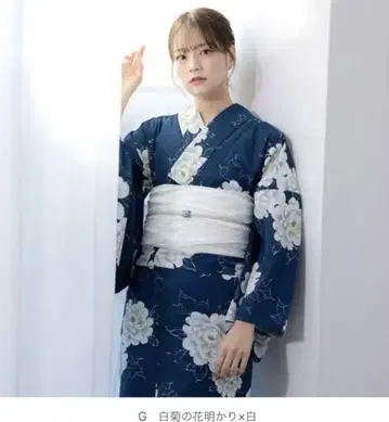 네이비 화이트 국화무늬 분리형 유카타 세트 프리 사이즈