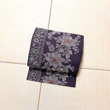 꽃덩굴 패턴 보라색 츠무기 나고야 오비(약 24cm)