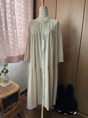 베이지 긴팔 면 100% 롱 원피스 M