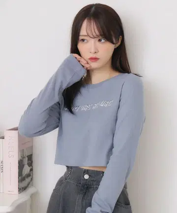 미러 프린트 긴팔 티셔츠 블루 그레이