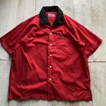 TRADERS 볼링 셔츠 L 빨간색 블랙 자수 오픈 카라 셔츠