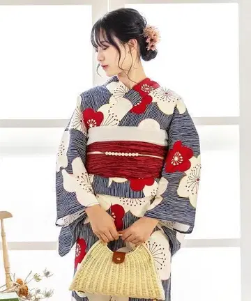 새 유카타 변형 줄무늬에 매화 [하자 있음]