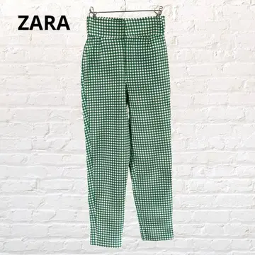 ZARA 자라 하이웨스트 체크 무늬 테이퍼드 팬츠 그린 XS