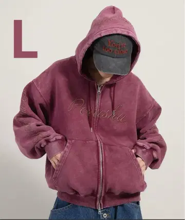 Perushu 빈티지 더블 지퍼 속기모 자수 후드티