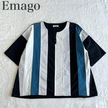 이마고 emago 새상품급 패치워크 린넨 스트라이프 헨리넥 블라우스