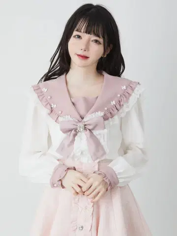 Ank Rouge 쁘띠 리본 세일러 블라우스 핑크 화이트