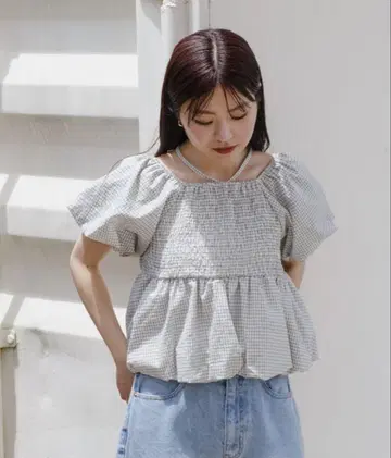 벌룬 블라우스 체크