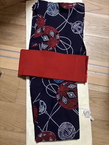 고전 테마리 패턴 남색 유카타 반폭 오비 포함