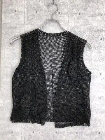 레트로 올드 구제 의류 포도 자수 도트 메쉬 크로 셰 뜨개질 베스트