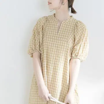 에프바이로쏘 깅엄 체크 5분소매 원피스 36