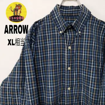 USA 구제 ARROW 긴팔 버튼 셔츠 XL 상당 네이비 화이트 체크