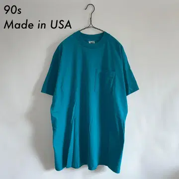 90s 미국제 포켓 무지 티셔츠 터콰이즈 블루 싱글 스티치