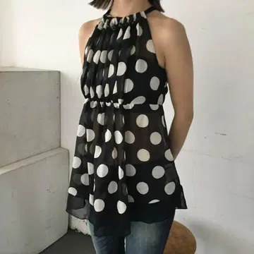 도트 튜닉 리본 쉬폰