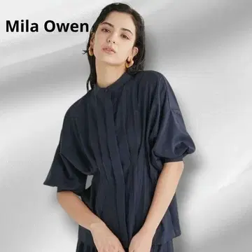 Mila Owen 턱 디자인 볼륨 슬리브 블라우스 네이비