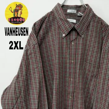 USA 구제 의류 VANHEUSEN 긴팔 버튼 셔츠 레드 그레이 체크