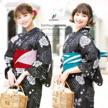 새상품 유카타 bonheur saisons 검정 바탕에 장미