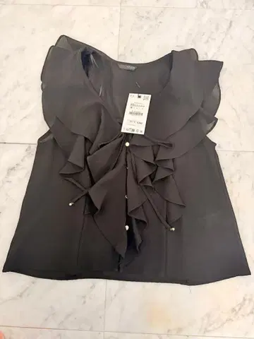 ZARA 블랙 프릴 슬리브리스 셔츠 XS
