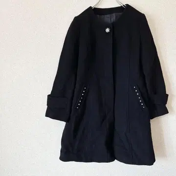 블랙 롱 코트 비쥬 장식 M 울 무지