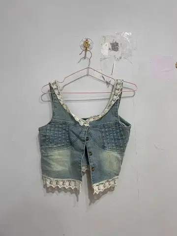 데님 뷔스티에 레이스 트리밍 크롭 기장