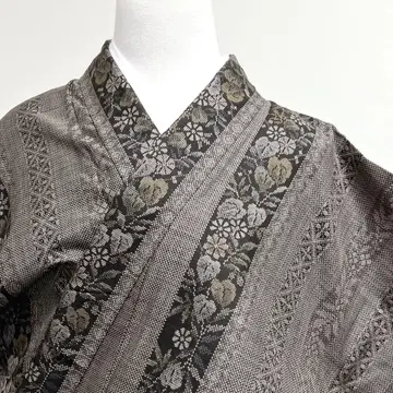 오시마 명주 코몬 세로 줄무늬 격자 흙 염색 꽃무늬 국화 기모노 020k