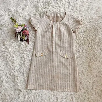 미사용급 트위드 미니 원피스 반팔 드레스 체크 무늬 라메 믹스 안감 있음