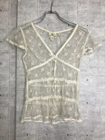 로맨틱 코어 발레 코어 구제 의류 가슴 리본 꽃무늬 레이스 시어 탑