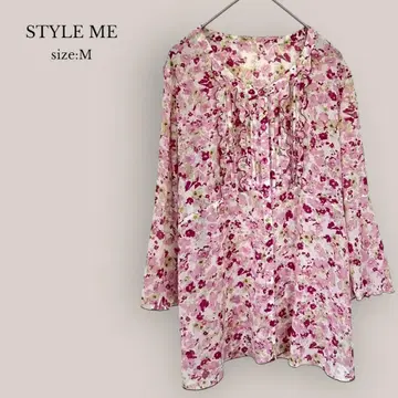 스타일미 STYLE ME 노카라 블라우스 꽃무늬 올 패턴 셔츠 퍼플