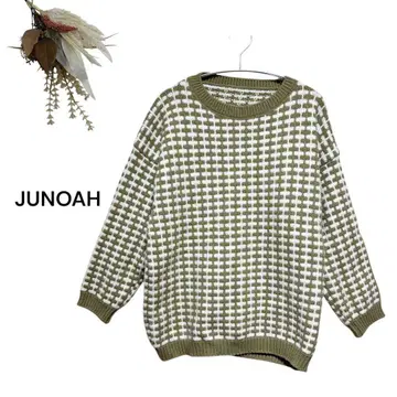 쥬노아 JUNOAH 기하학 체크 무늬 니트 F 카키 브라운 캐주얼