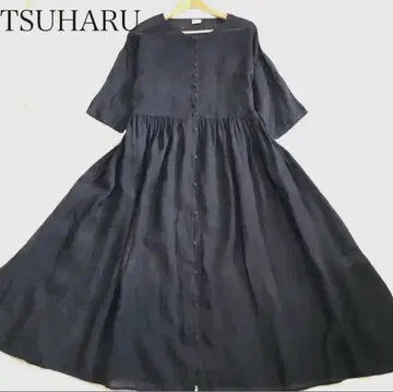 TSUHARU 츠하루 린넨 린넨 100% 개더 롱 원피스 블랙