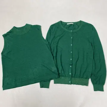 MACPHEE 린넨 크루넥 가디건 슬리브리스 앙상블