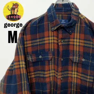 USA 구제 의류 george 플란넬 셔츠 M 네이비 오렌지 체크