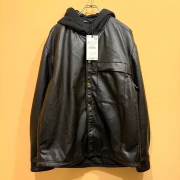 미사용 새상품 자라 페이크 레더 셔츠 재킷 후드 블랙 M