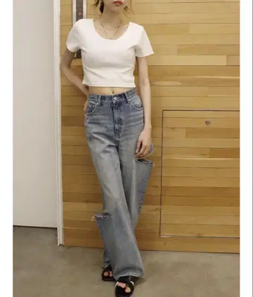 사이드 커팅 레이스 와이드 데님