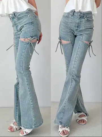 당일 발송 가능 RESEXXY 컷 아웃 리본 데님 팬츠 아이스 블루