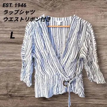 허리 리본 포함 EST. 1946 [L] 스트라이프 랩 셔츠 7부 소매