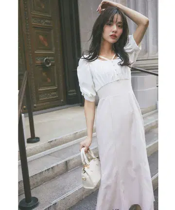 펄 장식 파워 숄더 배색 도킹 머메이드 원피스