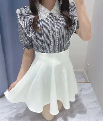evelyn 옷깃 비쥬 프릴 블라우스 깅엄
