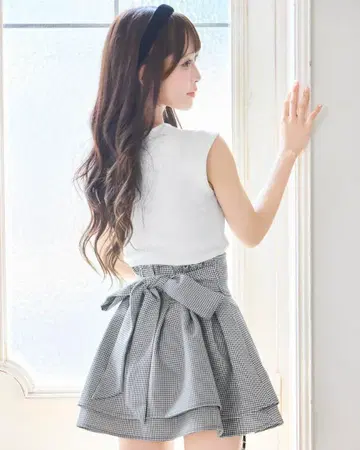 미셸 마카롱 XS 슬림 레그 리본 스커트 블랙x화이트 하운드투스 체크