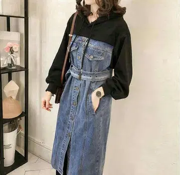 후드 데님 원피스
