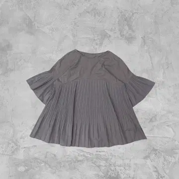 플리츠 절개 vintage 튜닉 상의 플레어 반팔 그레이 넉넉한 핏