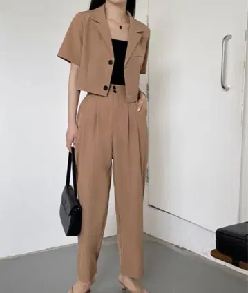 셋업 반팔 숏 썸머 자켓 + 턱 와이드 팬츠 셋업