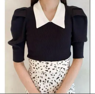 SNIDEL 니트 칼라 퍼프 슬리브 리브 풀오버