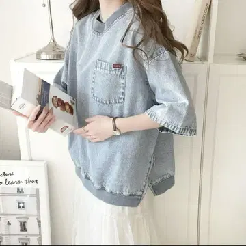 새상품 java 콜라보 빈티지 가공 데님 반팔 티셔츠 풀오버 여성용 M