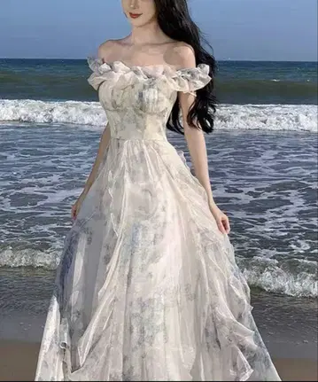 프릴 오픈 숄더 원피스 꽃무늬