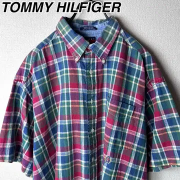 90s TOMMY HILFIGER 린넨 면 체크 셔츠 타미힐피거
