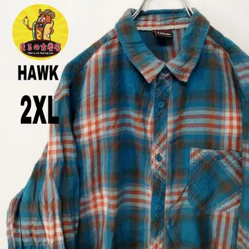 USA 구제 의류 HAWK 플란넬 셔츠 2XL 라이트 블루 오렌지 체크